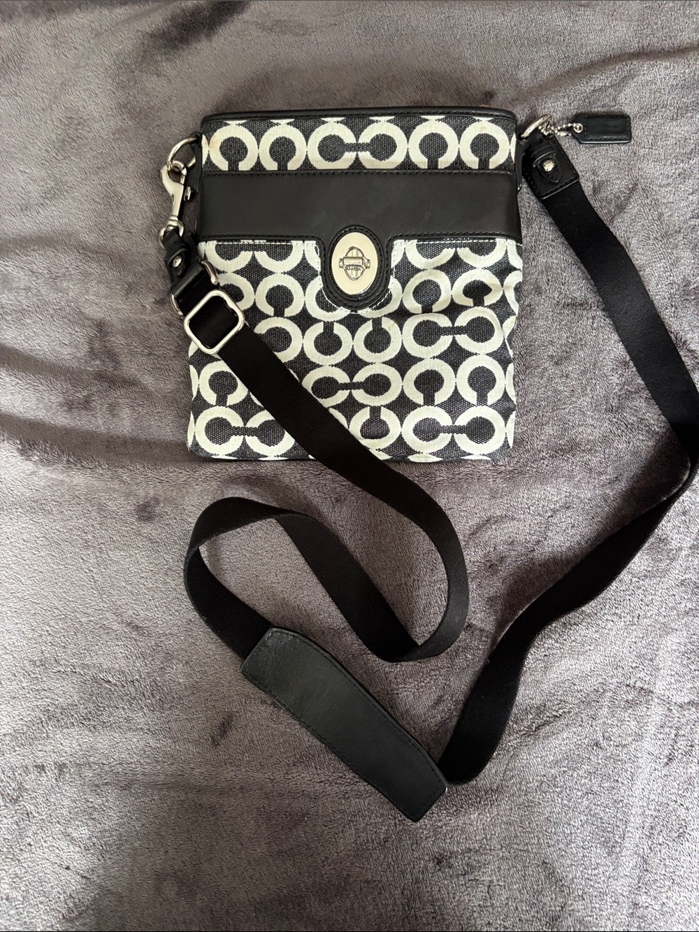 Coach Black and White Signature Crossbody with Silver Turnlock
